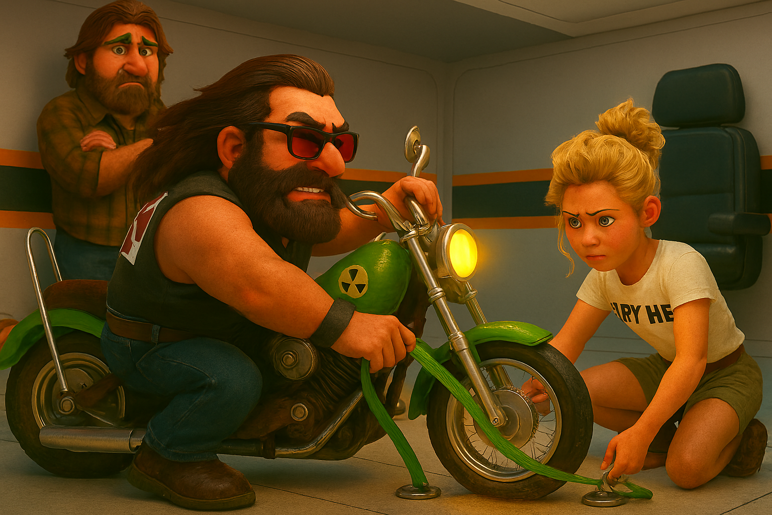 Nessie cinching ratchet straps while Spyder holds the bike